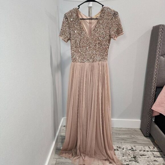 Short Sleeve Maxi Tulle Dress with Sequins in Muted Blush 6 - Picture 1 of 7